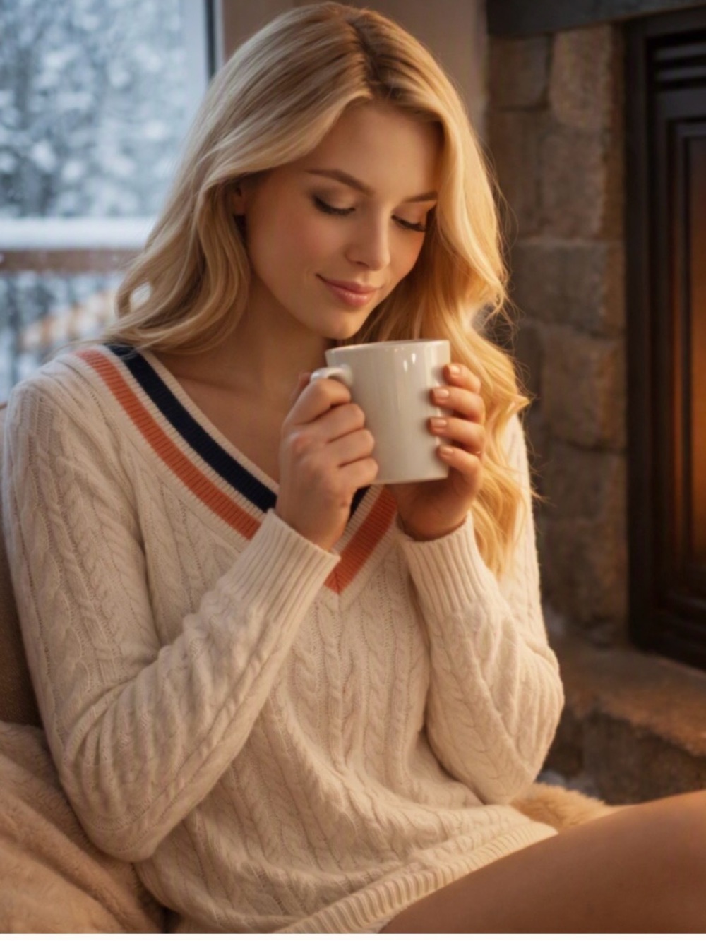 Talbots Cream Cable-Knit V-Neck Sweater with Navy and Rust Trim